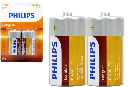 Philips Batteries 2pcs Genuine Philips C Long Life Zinc Battery 1.5V Batteries 3x More Power