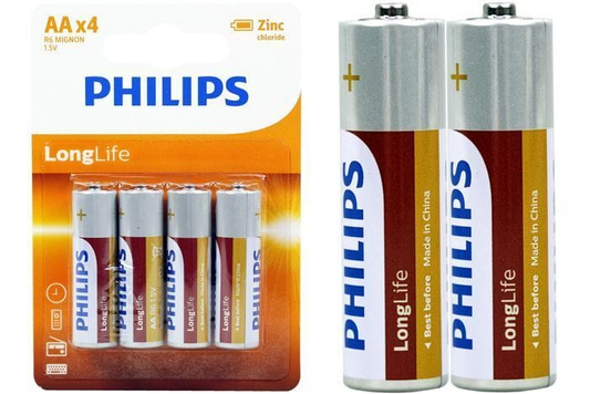 Philips Batteries 4pcs Genuine Philips AA Long Life Zinc Battery 1.5V Batteries 3x More Power