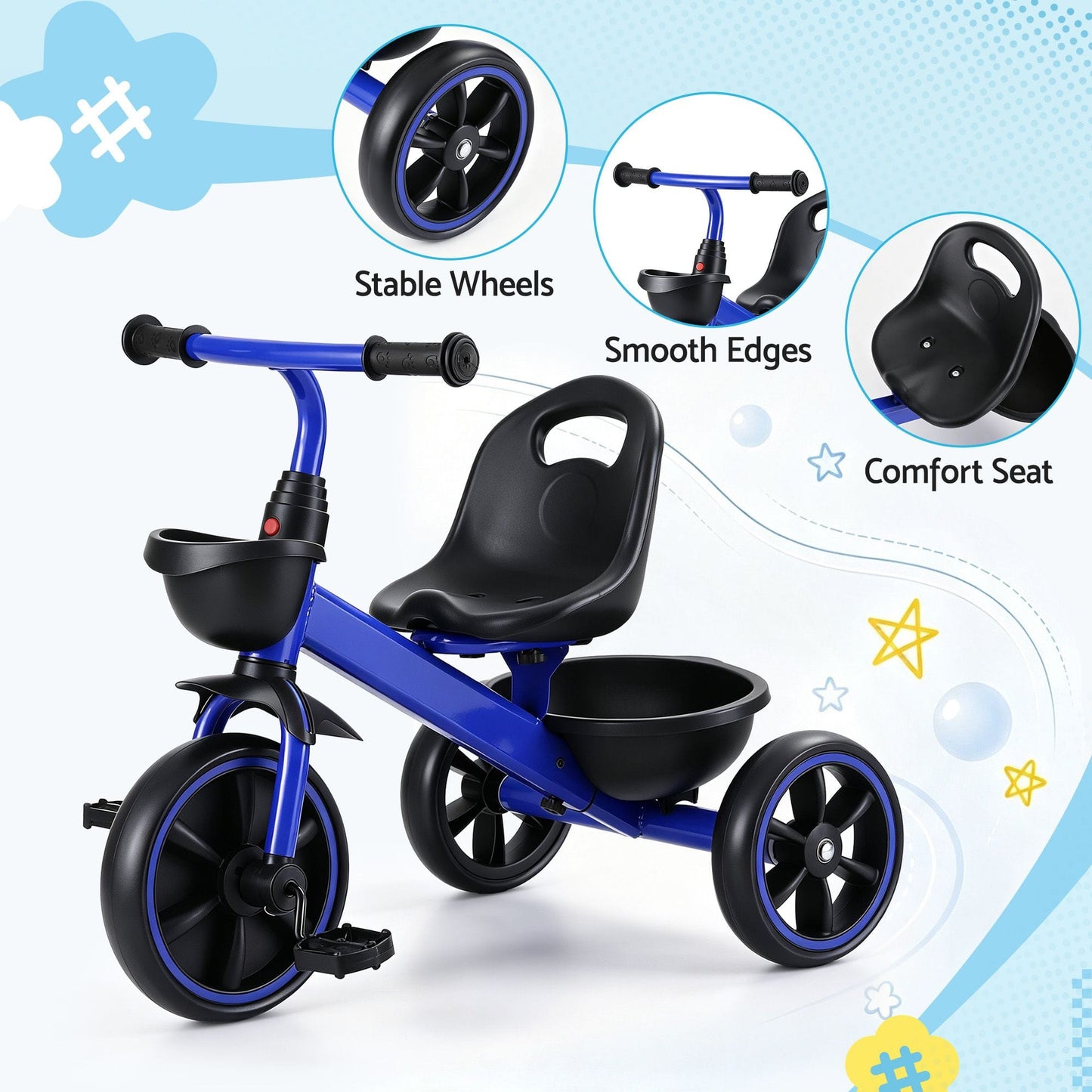 Rigo Baby & Kids > Ride On Cars, Go-karts & Bikes > Bikes & Scooters RIGO Tricycle Bike, Kids Bike with 3 wheels, basket Carbon Steel 68cm Blue
