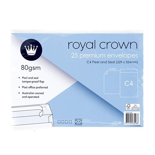 Royal crown Envelope Premium Envelopes Letter Mail C4 229mm x 324mm Peel and Seal NEW 25 Pack 80gsm