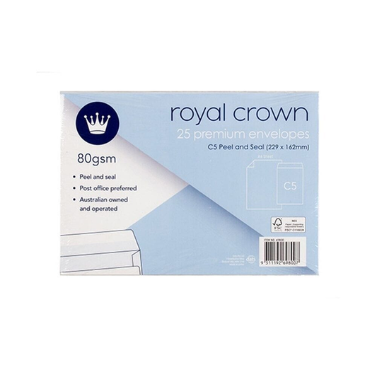 Royal Crown Envelope Premium Envelopes Letter Mail C5 229mm x 162mm Peel and Seal NEW 25 Pack 80gsm