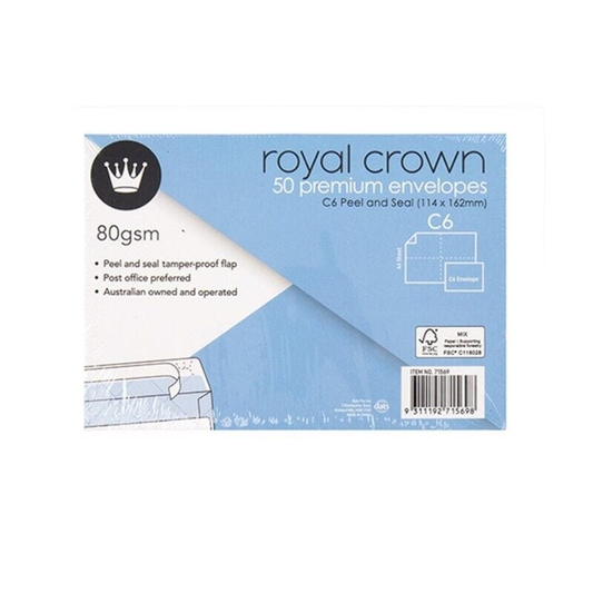 Royal Crown Premium Envelopes Letter Mail C6 114mm x 162mm Peel and Seal NEW 50 Pack 80gsm