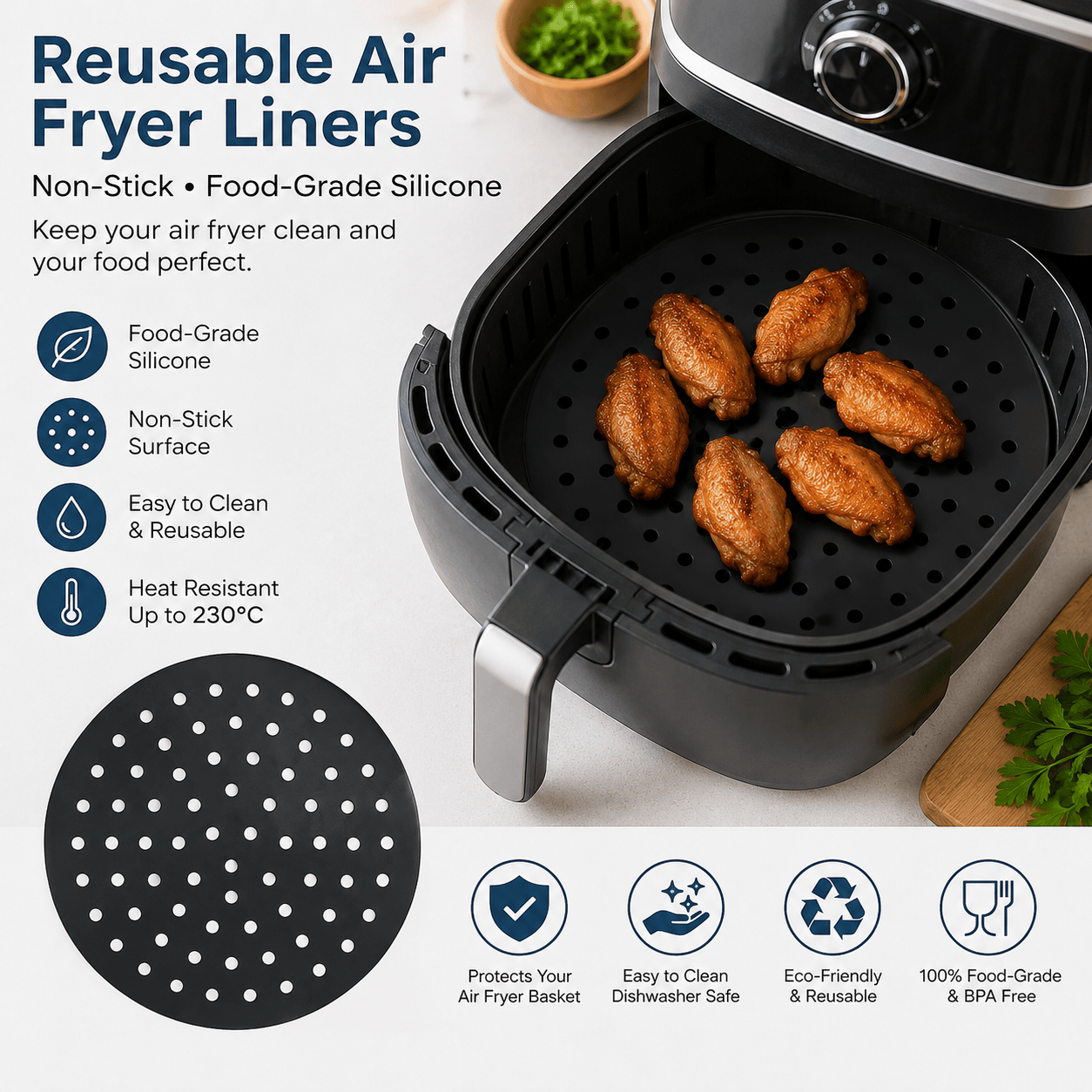 Spice Kitchen Hoptplate Liners Reusable Air Fryer Liners Non-Stick Food-Grade Silicone Air Fryer Basket Mat New