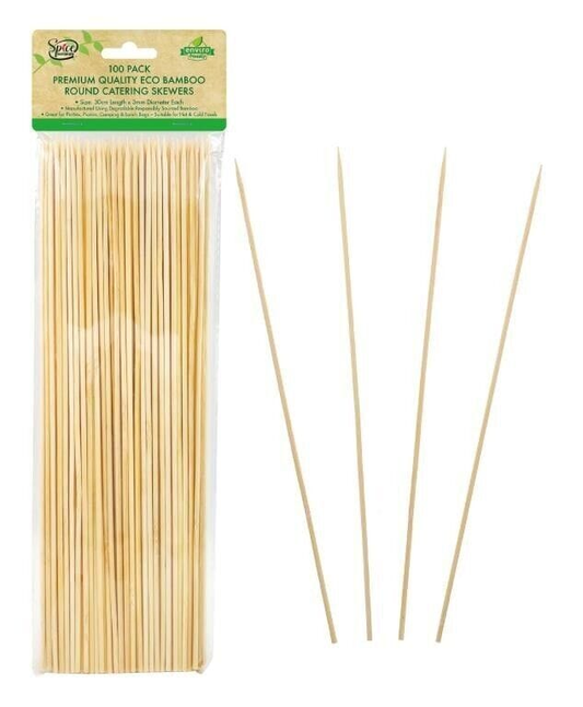 Spice Sustainable BBQ Skewers 100pcs ECO Round Skewers BBQ Kebab Meat Satay Stick Bamboo Wooden Catering 30cm