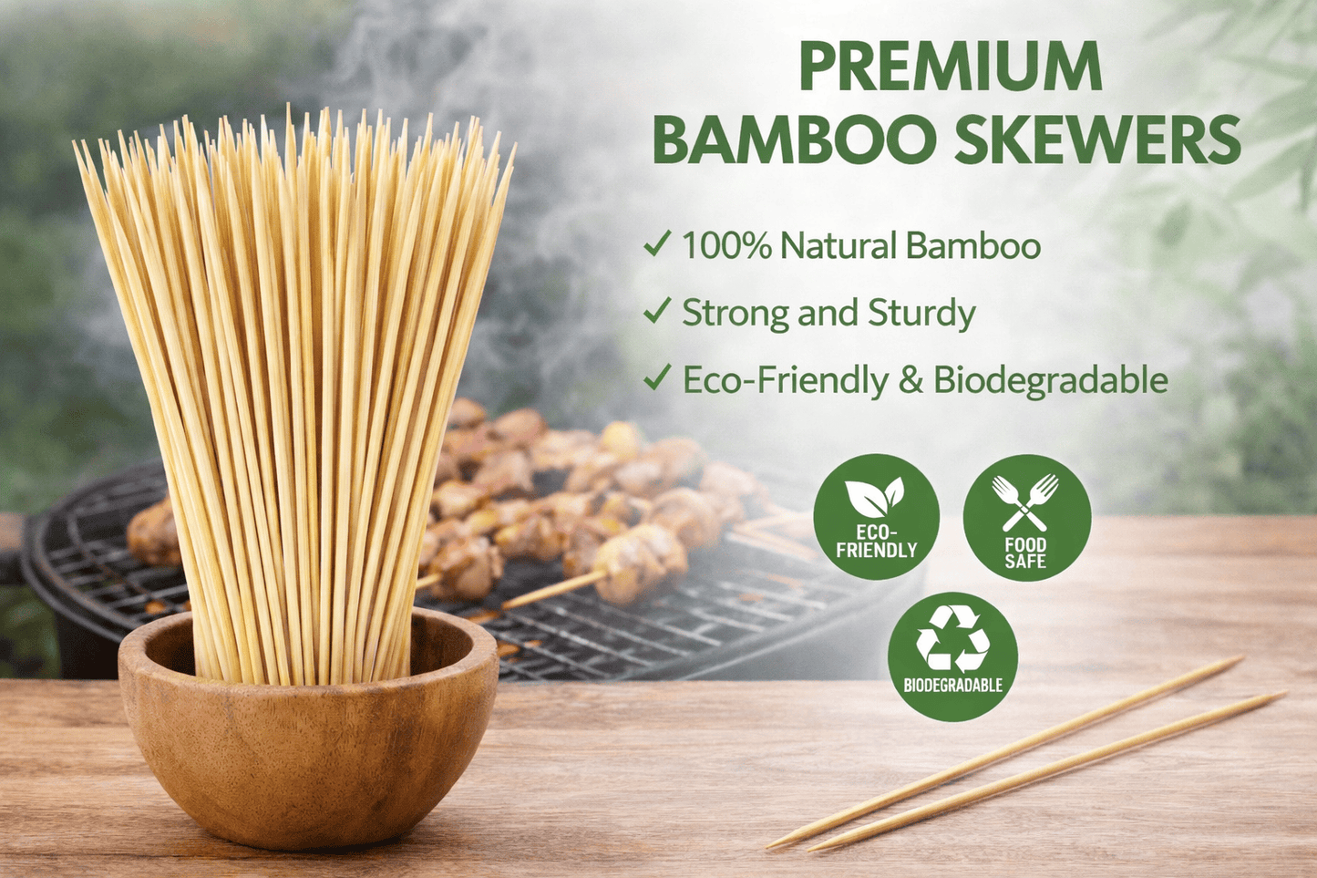 Spice Sustainable BBQ Skewers 100pcs ECO Round Skewers BBQ Kebab Meat Satay Stick Bamboo Wooden Catering 30cm
