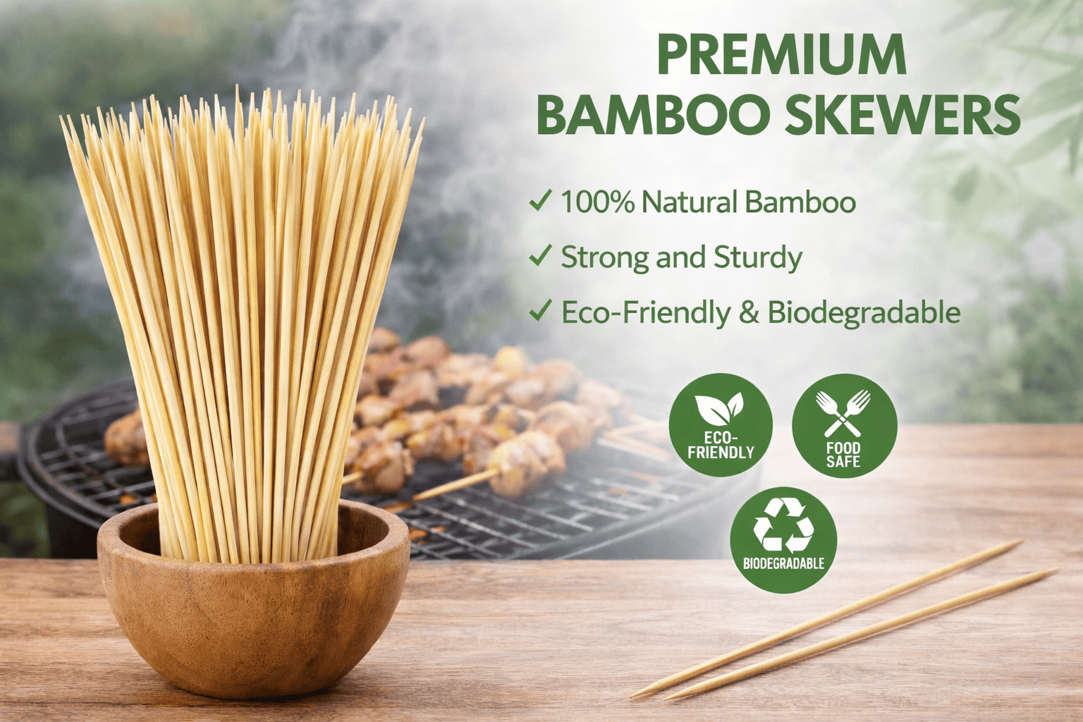 Spice Sustainable BBQ Skewers 100pcs ECO Round Skewers BBQ Kebab Meat Satay Stick Bamboo Wooden Catering 30cm