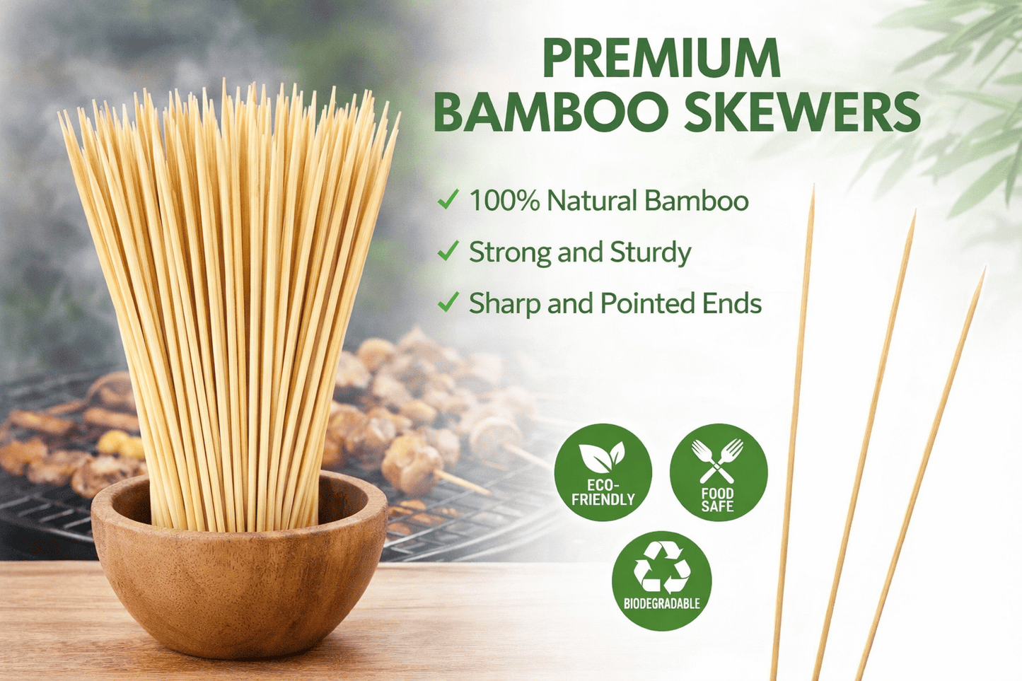 Spice Sustainable BBQ Skewers 100pcs ECO Round Skewers BBQ Kebab Meat Satay Stick Bamboo Wooden Catering 30cm