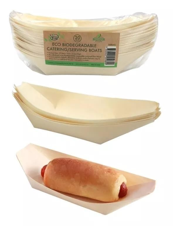 Spice Sustainable Mini Bowls 20x Canape Boats Pine Eco Bamboo Plates 17.5cm Bowls Wooden Serving Boat BBQ