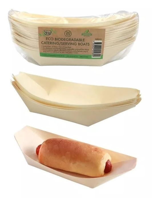Spice Sustainable Mini Bowls 20x Canape Boats Pine Eco Bamboo Plates 17.5cm Bowls Wooden Serving Boat BBQ