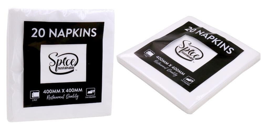 Spice Sustainable Napkins 20 x Plain Napkin Lunch Luncheon White Napkins 2Ply BBQ Party 40x40cm Serviette