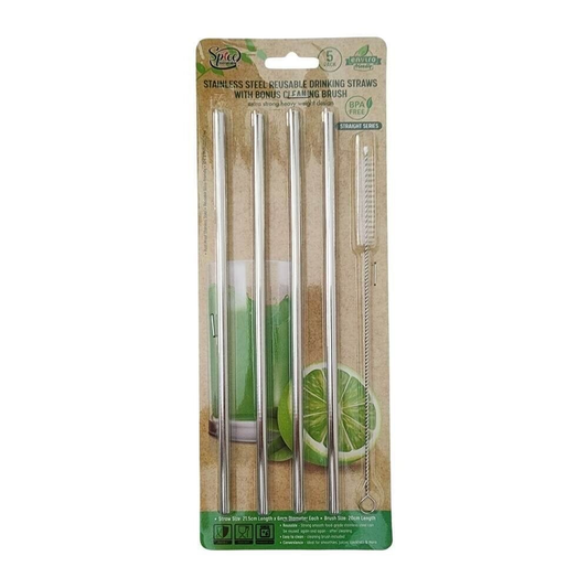 Spice Sustainable Premium Stainless Steel Reusable Extra Long Drinking 4 Straws 1 Cleaning Brush