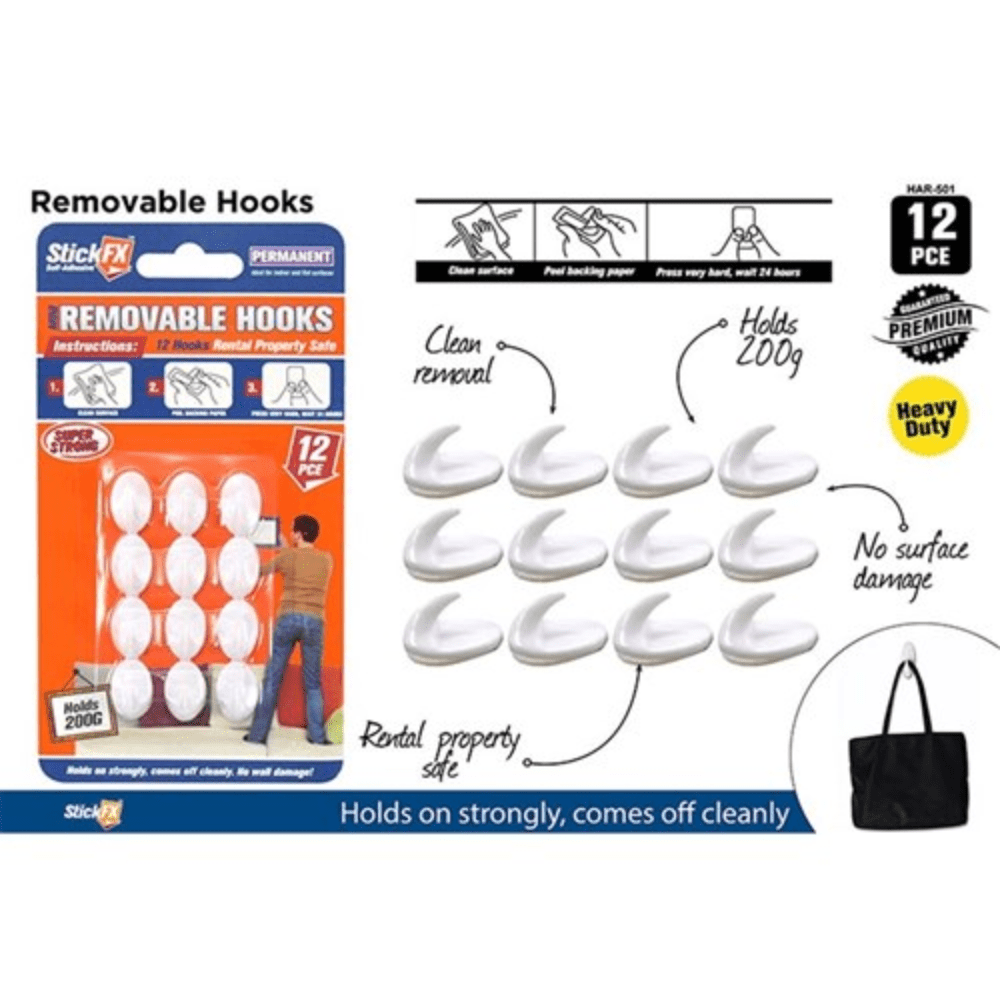 StickFX 12pcs Self-Adhesive Hooks Mini - 200g - Removable Hang Rental Property Safe