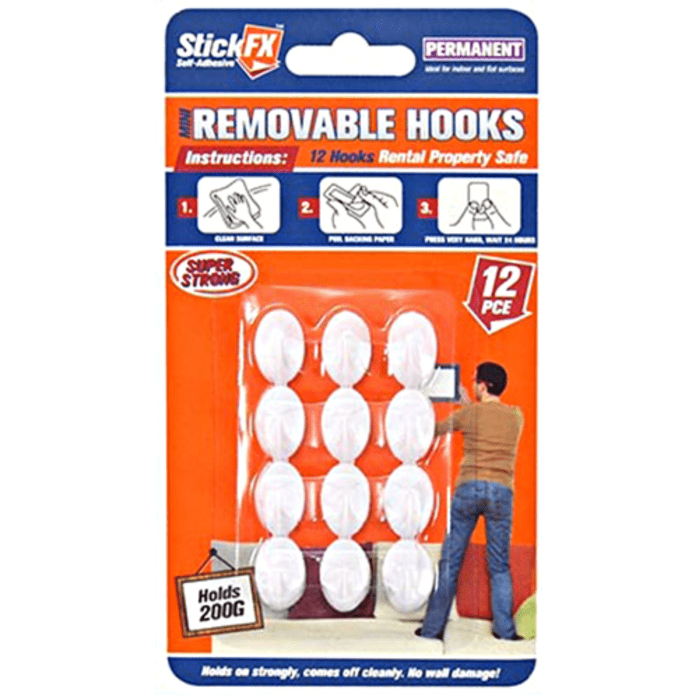 StickFX 12pcs Self-Adhesive Hooks Mini - 200g - Removable Hang Rental Property Safe