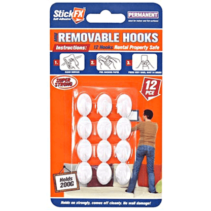 StickFX 12pcs Self-Adhesive Hooks Mini - 200g - Removable Hang Rental Property Safe