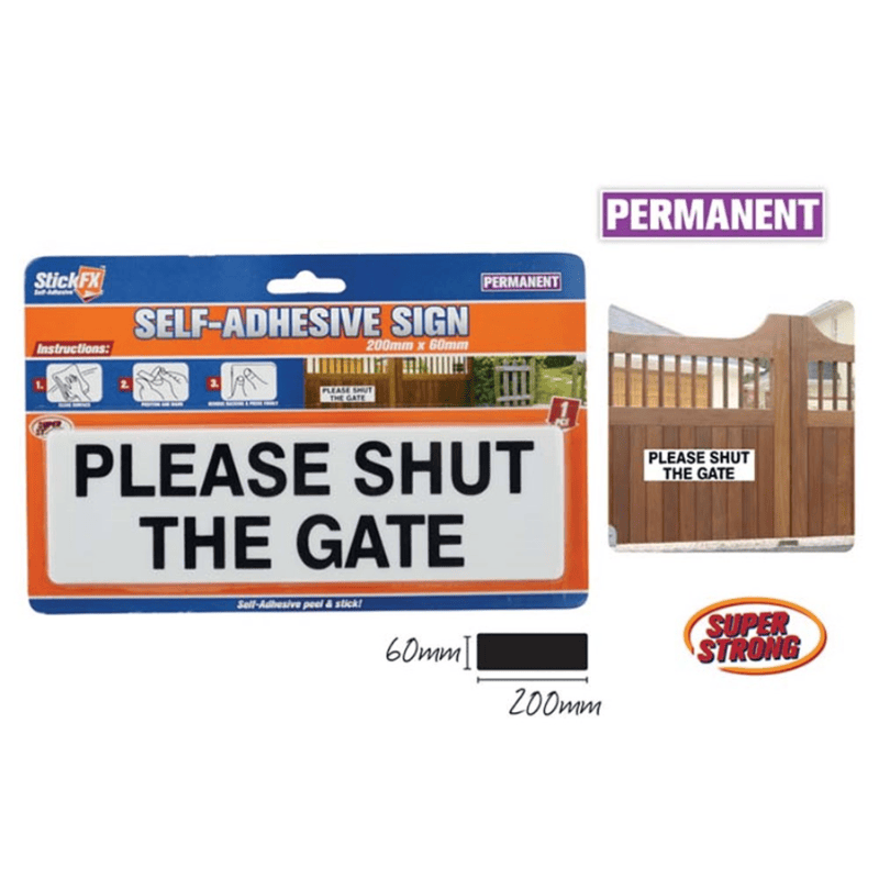 Stickfx 1x stickFX Self-Adhesive Sign - Please Shut The Gate In 20X6Cm Gate Wall Sign
