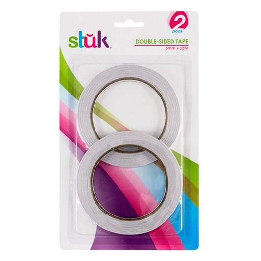 Stuk 2pk of 25M x 6mm Double Sided Tape Sticky Roll Self-Adhesive Craft Office School