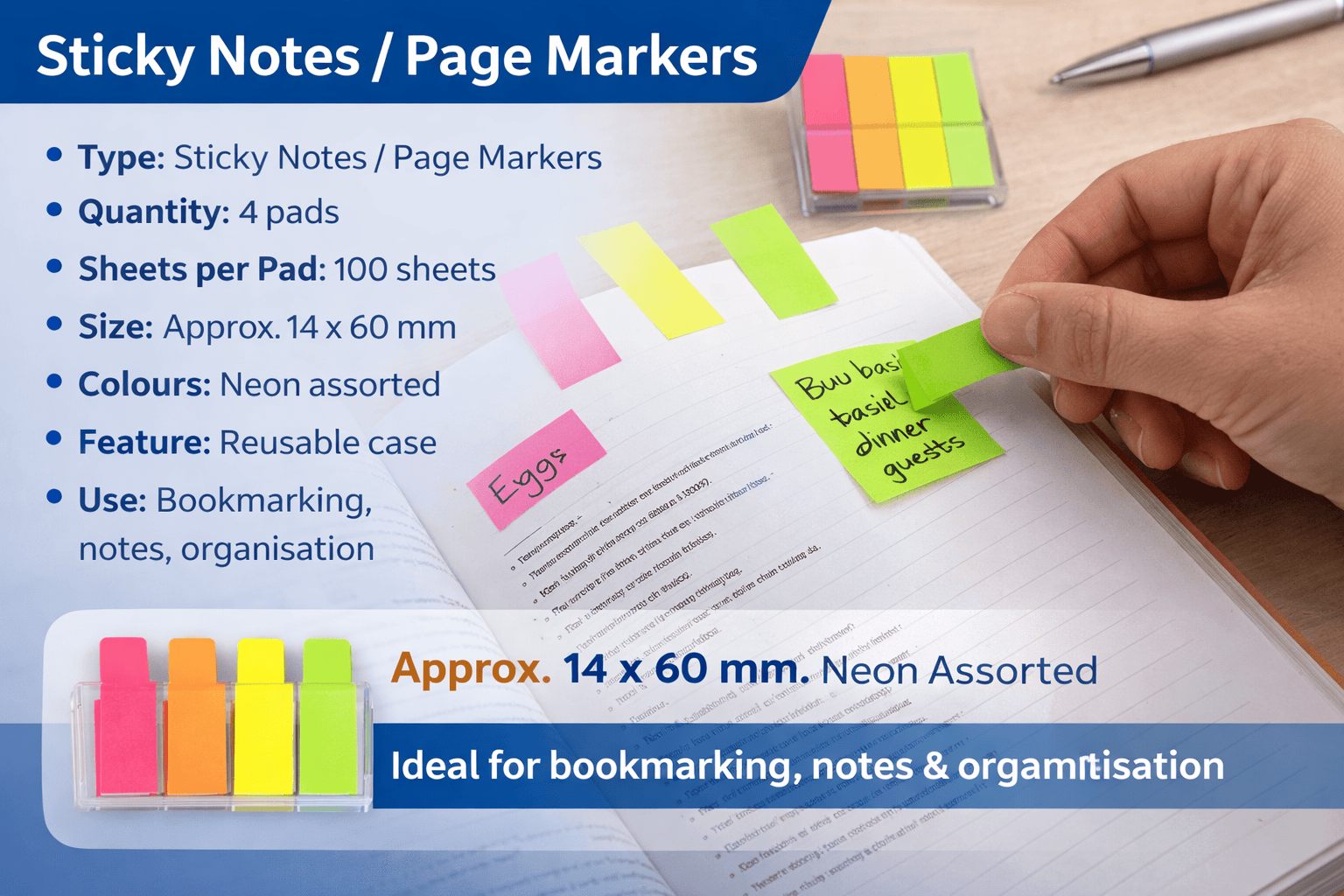 Stuk Sticky notes 4 Neon  Pads with Case Sticky Note Page Book Marking 14x60mm 100 Sheets Stickers