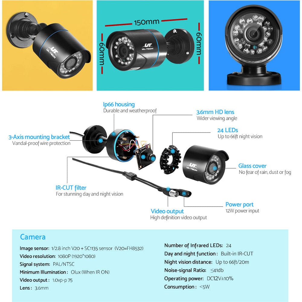 UL-Tech Electronics > Business & Home Security > Security Cameras & Accessories UL-tech CCTV Security System 4CH DVR 2 Cameras 1080p
