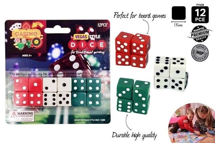 Unbranded Pack of 12pcs Dice Red White Green Set 6 Sided for All Kind of Board Games 15mm