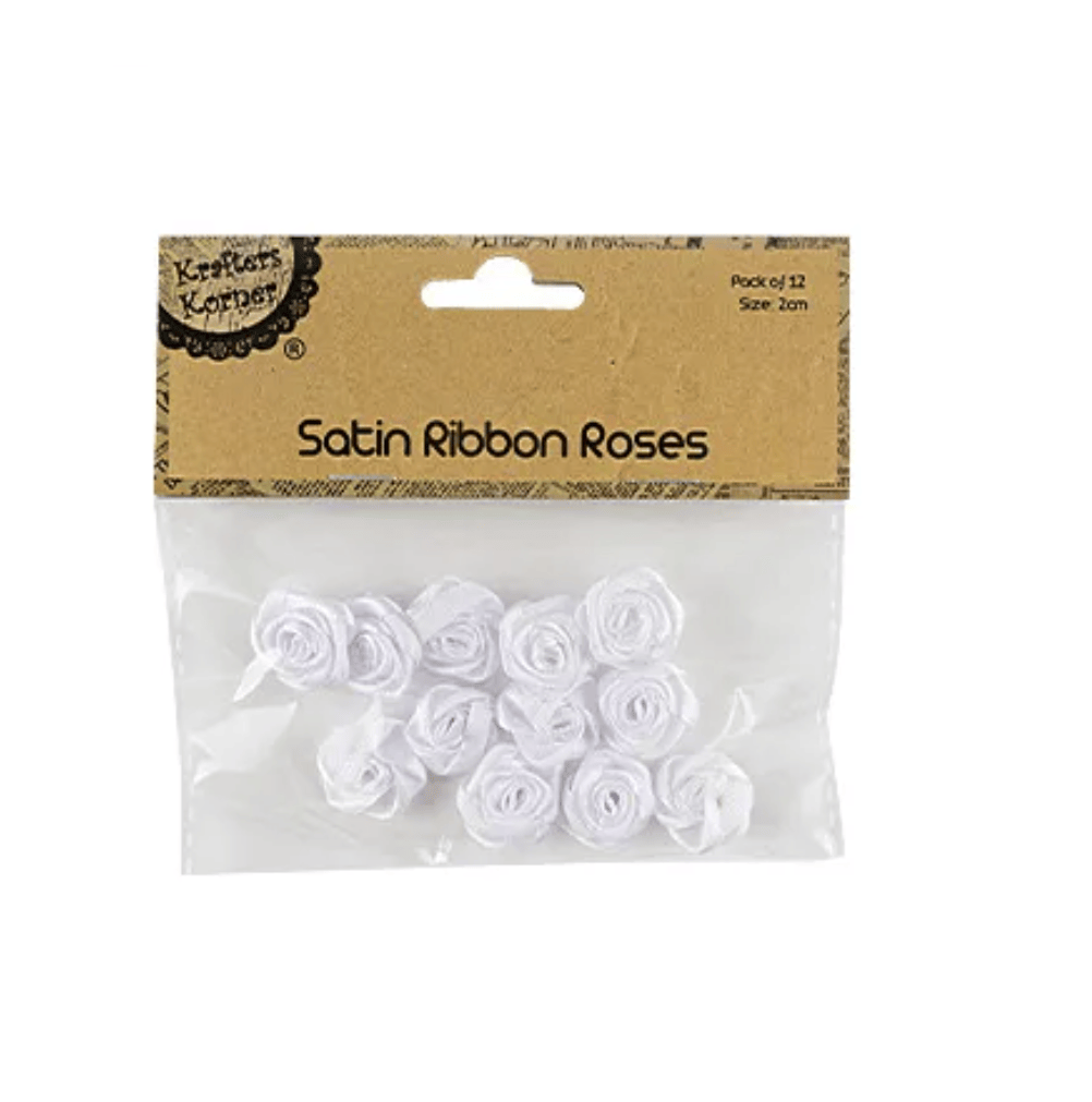Unbranded Satin Ribbon Roses 12pc White Floral Flowers Leaf Crafts 2cm