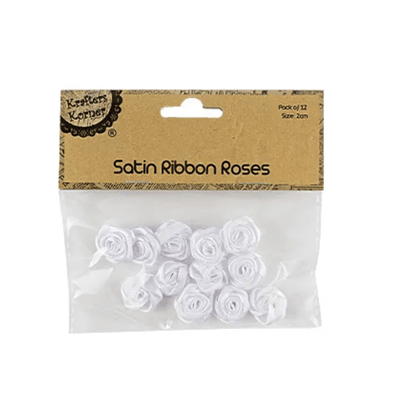 Unbranded Satin Ribbon Roses 12pc White Floral Flowers Leaf Crafts 2cm