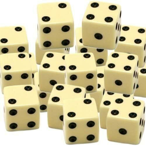 Unbranded Set of 5 Six Sided Square Opaque 15mm D6 Dice - Off White with Black Pip Die