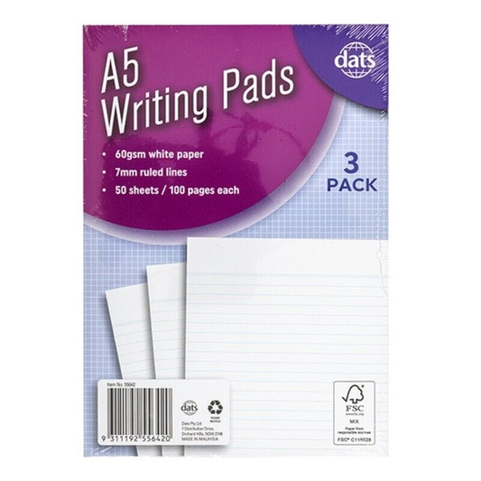Unbranded Writing pads 3pk A5 Ruled Plain Writing Pad 14.8cm x 21cm Paper Office Study Note Book Memo