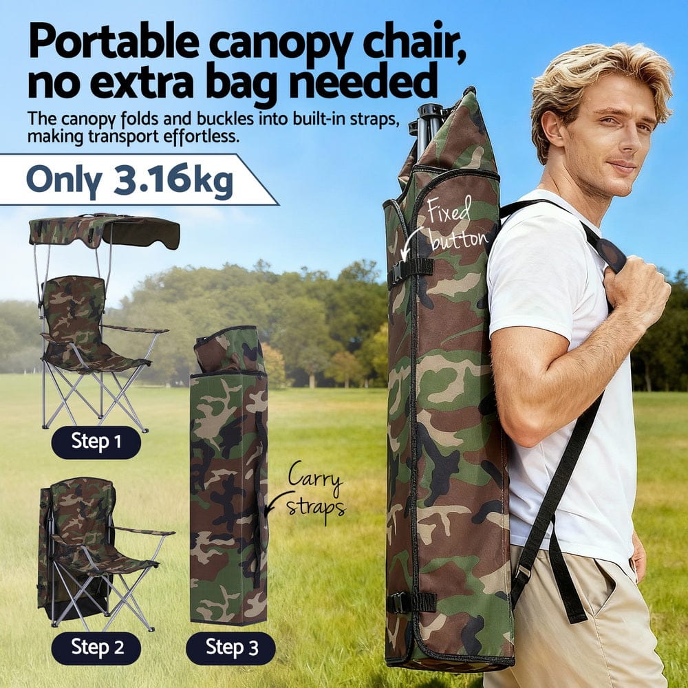 Weisshorn Furniture > Outdoor > Outdoor Chairs Weisshorn Camping Chair With Canopy Folding Outdoor Portable Seat Lightweight Beach Picnic Fishing Capacity 120KG Army Green
