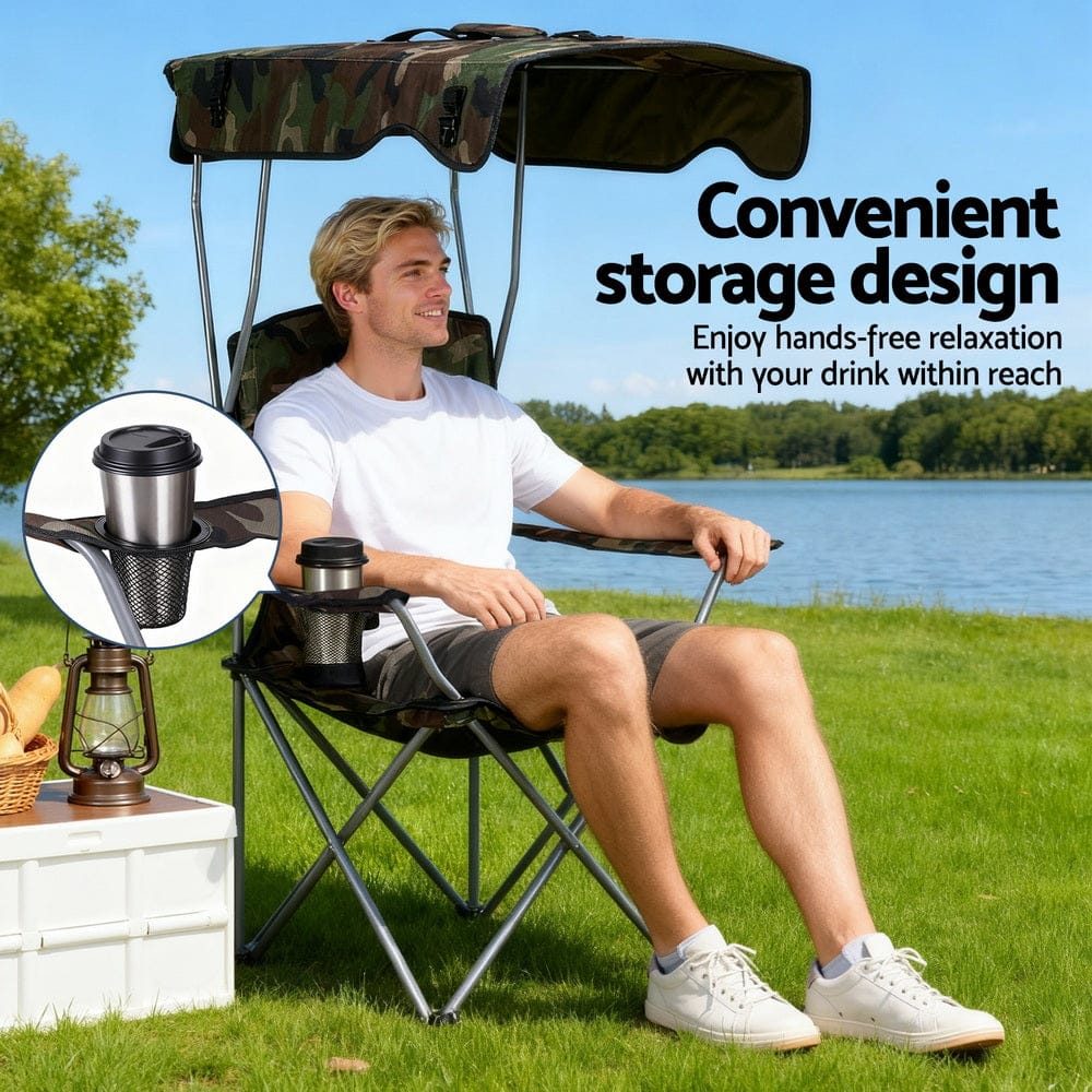 Weisshorn Furniture > Outdoor > Outdoor Chairs Weisshorn Camping Chair With Canopy Folding Outdoor Portable Seat Lightweight Beach Picnic Fishing Capacity 120KG Army Green
