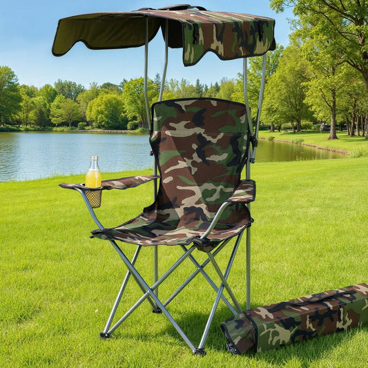 Weisshorn Furniture > Outdoor > Outdoor Chairs Weisshorn Camping Chair With Canopy Folding Outdoor Portable Seat Lightweight Beach Picnic Fishing Capacity 120KG Army Green