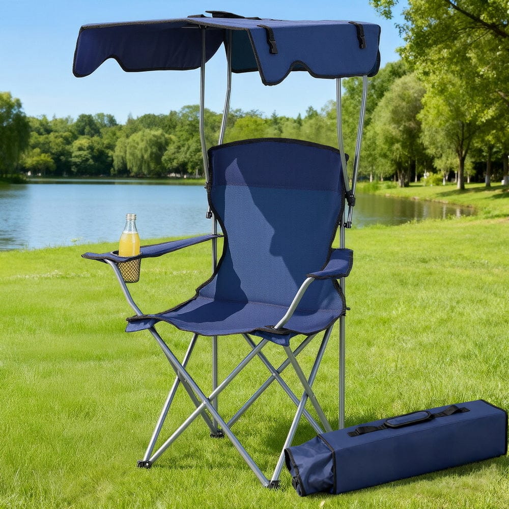 Weisshorn Furniture > Outdoor > Outdoor Chairs Weisshorn Camping Chair With Canopy Folding Outdoor Portable Seat Lightweight Beach Picnic Fishing Capacity 120KG Navy Blue