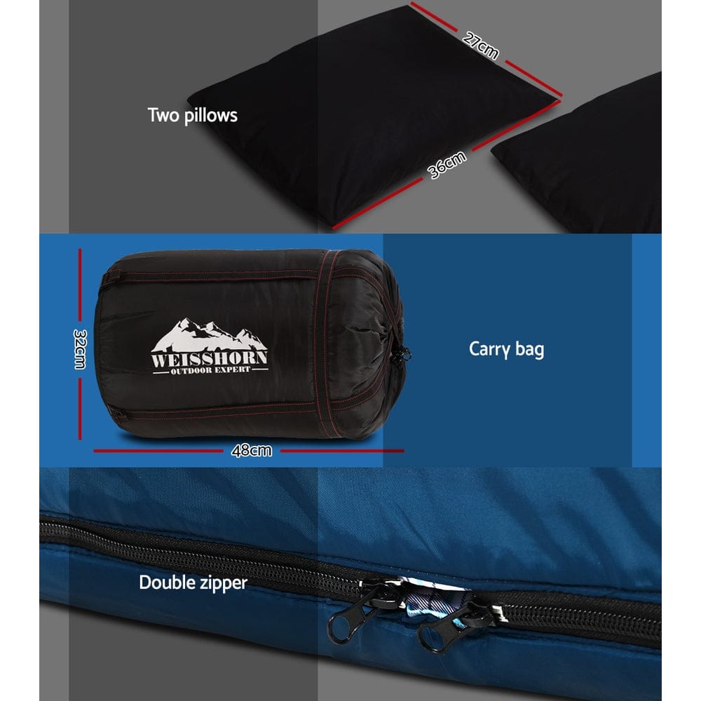 Weisshorn Outdoor Recreation > Camping > Sleeping Bags Weisshorn Sleeping Bag Double Pillow Thermal Camping Hiking Tent Blue -10&deg;C
