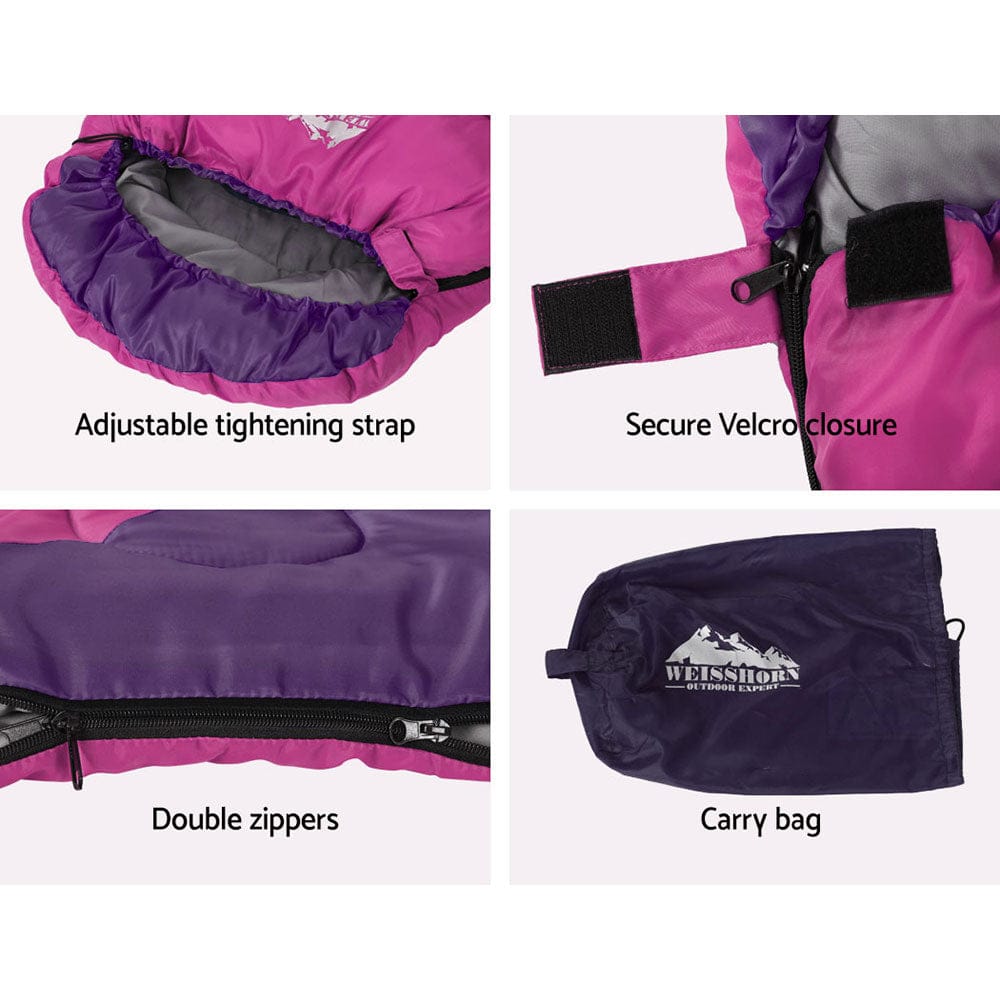 Weisshorn Outdoor Recreation > Camping > Sleeping Bags Weisshorn Sleeping Bag Kids Single 172cm Thermal Camping Hiking Pink