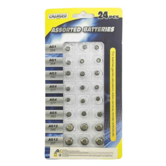 24 Pcs Assorted Button Cell Watch Batteries  AG 1 3 4 5 12 13 Sealed Remote