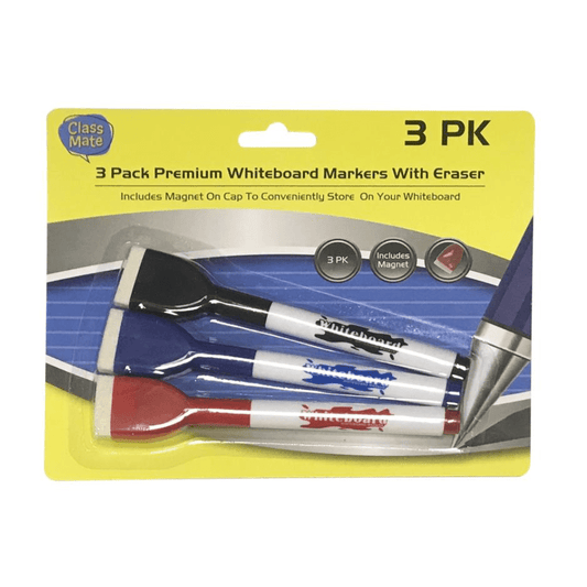 3Pack Whiteboard Markers With Built In Eraser Magnet Black Red Blue School