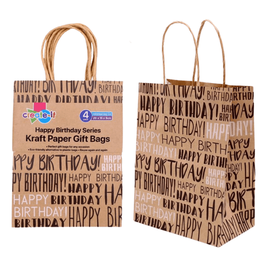 4x Happy Birthday Bag Kraft Paper Bags Gift Carry Craft Brown with Handles