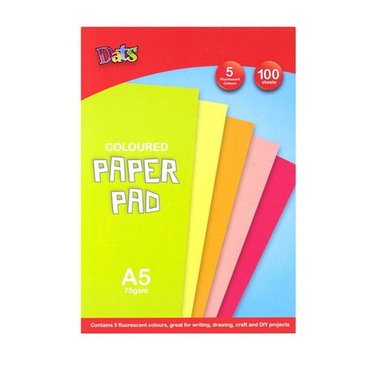 100 Coloured Paper Pad A5 75gsm Arts Craft DIY 5 Fluro Colours Drawing Writing
