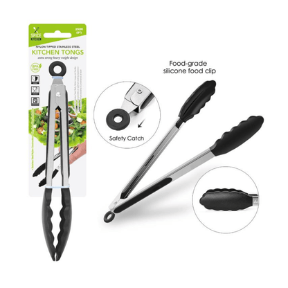 Nylon Tipped Stainless Steel Tongs 23CM Kitchen Clip Food Cooking Serving BBQ