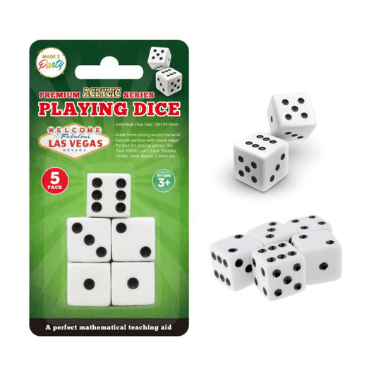 Set of 5 Six Sided Square Opaque 19mm Playing Dice White with Black Pip Die